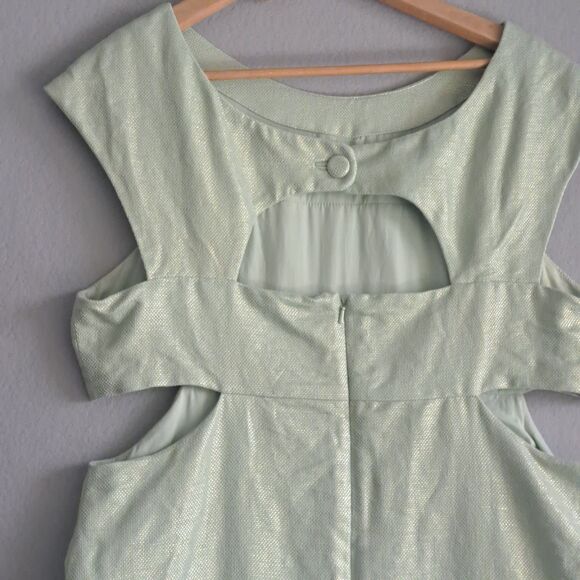 Maeve Anthropologie Shift Dress Women 14 Mint Metallic Green Linen Mentha Cutout - Picture 10 of 15